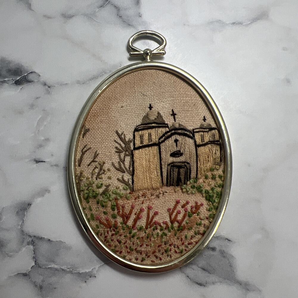 Vtg Mini Framed Cross Stitch Church Flower Garden, 3D Stitch